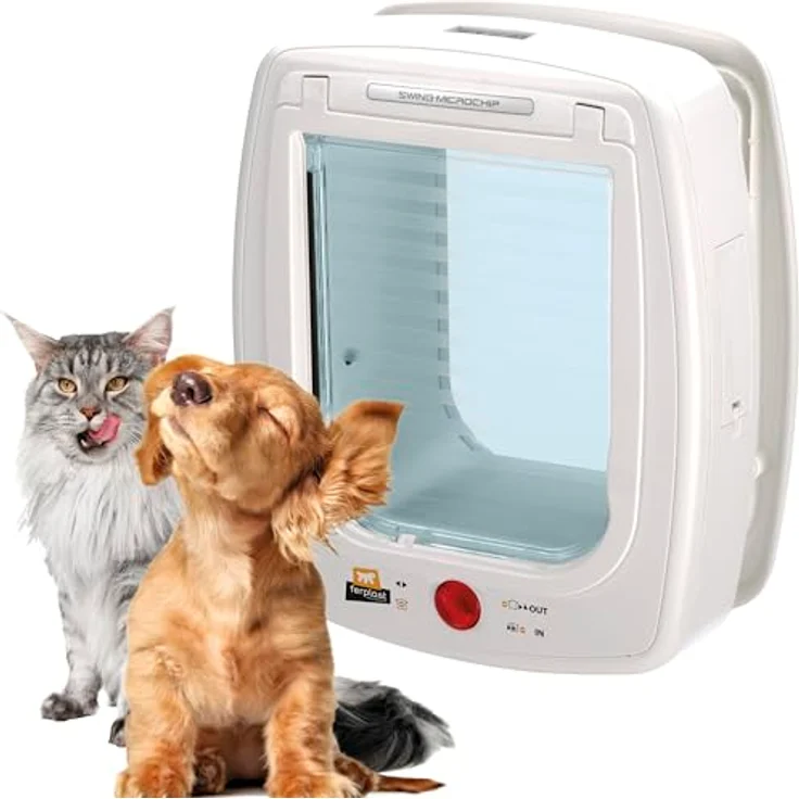 Ferplast SWING MICROCHIP Katzenklappe, 4-Wege-Haustierklappe mit Mikrochip-Erkennung, Schutz vor Zugluft, incl. Mikrochip-Halsband, Weiß – Bild 1