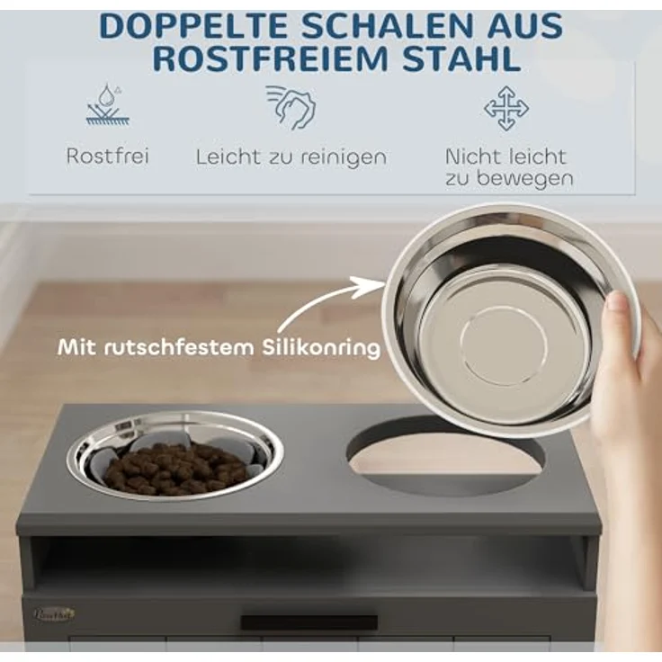 PawHut Futternapf Erhöhte Futterstation mit 2 Edelstahlschüsseln, Anti-Schling-Matte, Edelstahl, für große und extra große Hunde, Grau – Bild 7