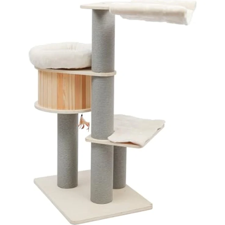 CanadianCat Company Kratzbaum Remy, beige, 130 cm hoch mit Holzhöhle und gepolsterten Liegeflächen – Bild 3