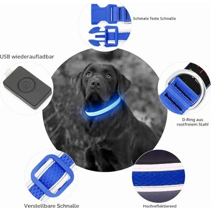 YFbrite LED Leuchthalsband für Hunde, Aufladbar, Wasserdicht, 3 Leuchtmodi, Verstellbar, Blau, L – Bild 5
