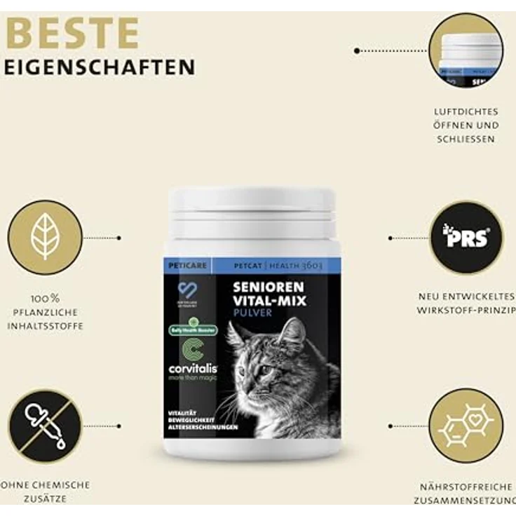 Peticare Senior Aktiv Vital Mix Pulver für alte Katzen, natürliches Ergänzungsfutter mit Grünlippmuschel, MSM und Curcuma, fördert Immunsystem & bei Mangelerscheinungen, 360g – Bild 4