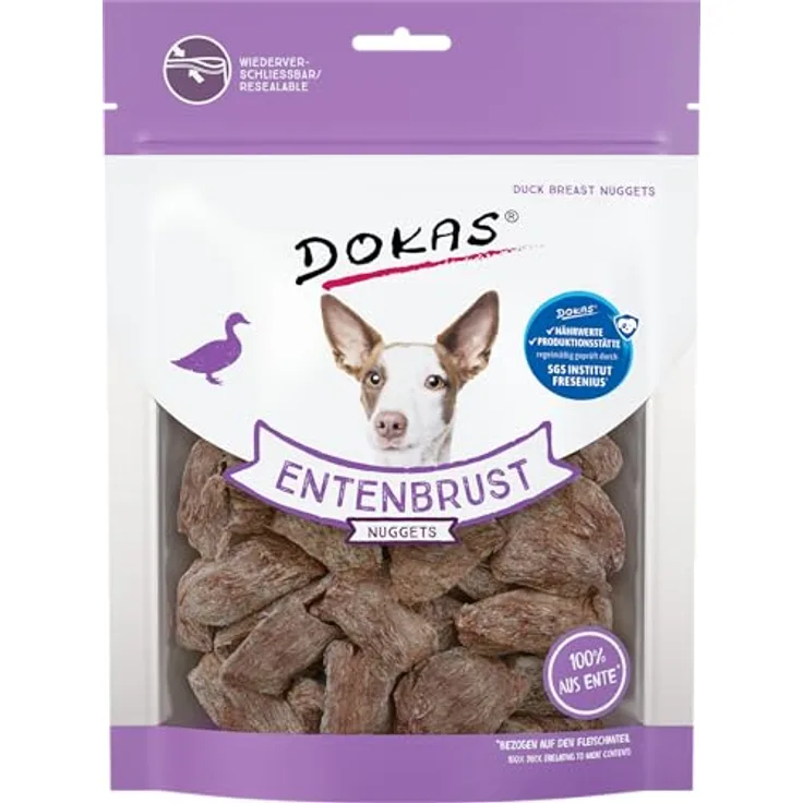 DOKAS Gefriergetrocknete Premium Nuggets für Hunde, 110 g Entenbrustfilet, fettarm, soja-, gluten- und getreidefrei, SGS geprüft