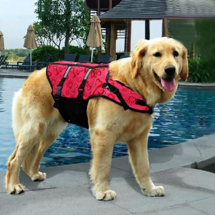 Izefia Hund Schwimmweste, Sicherheitsmantel für Hunde mit Griff, rot mit Knochen, Größe M, brust- und halsverstellbar, atmungsaktives Material – Bild 4