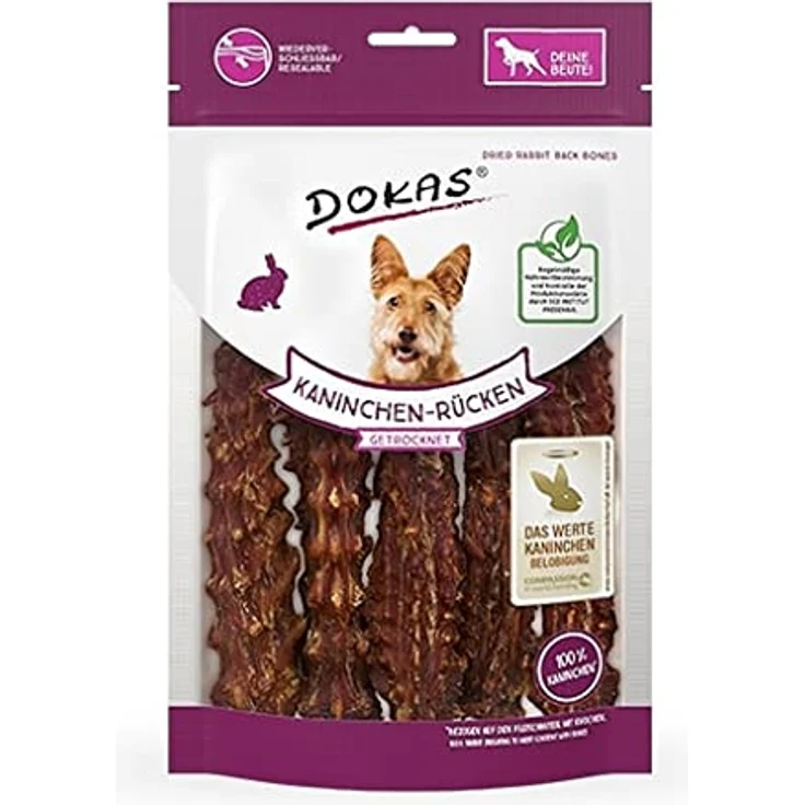 Dokas Kaninchenrücken getrocknet, Kausnack für Hunde, 97% Fleischanteil, 120 g im Frischebeutel, BARF geeignet – Bild 1