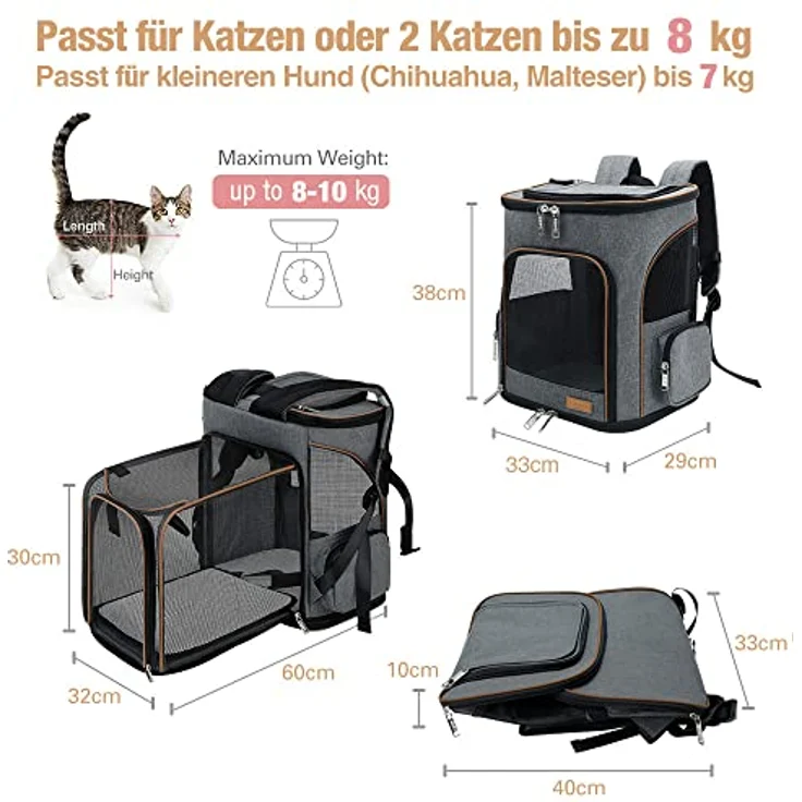 Lekesky Erweiterbar Katzenrucksack Hunderucksack, Faltbar und Atmungsaktiv, Grau, L, für kleine Katzen und Hunde bis 10 kg – Bild 2
