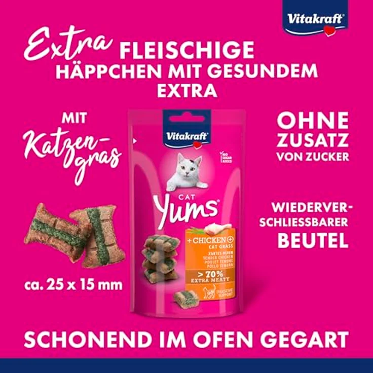 Vitakraft Cat Yums, weiche Katzenleckerlis mit Huhn und Katzengras, unterstützend für die Verdauung, ohne Zucker, 40g im wiederverschließbaren Beutel – Bild 2