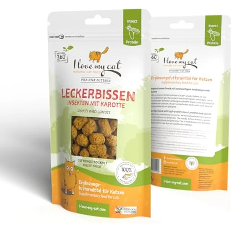 I love my cat Freeze-Snack für Katzen mit Insekten und Karotte, getreidefreies gefriergetrocknetes Leckerli, 25 g, leicht verdaulich und proteinreich – Bild 2