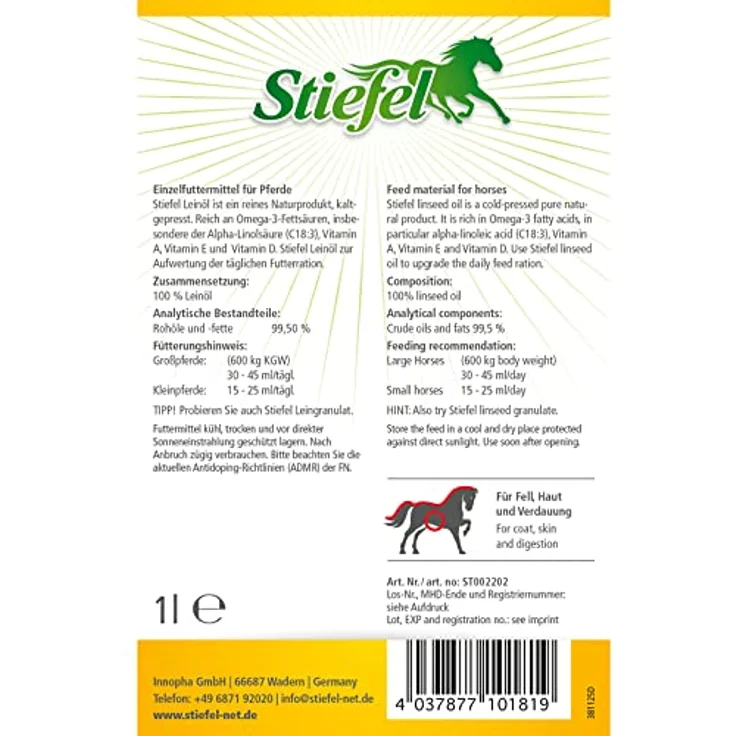 Stiefel Leinöl für Pferde, 100% naturreines kaltgepresstes Öl, unterstützt Fellwechsel, Verdauung & Haut, flüssig mit Dosierflasche, 1l – Bild 5
