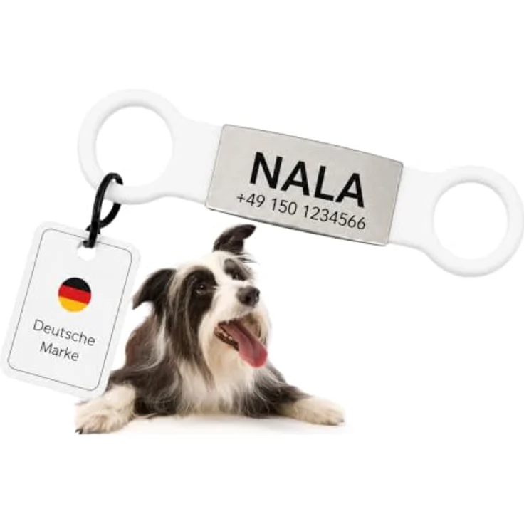 mypfote.com Hundemarke personalisiert mit Gravur, Slider aus Edelstahl und Silikon, Weiss, Größe S – Bild 1
