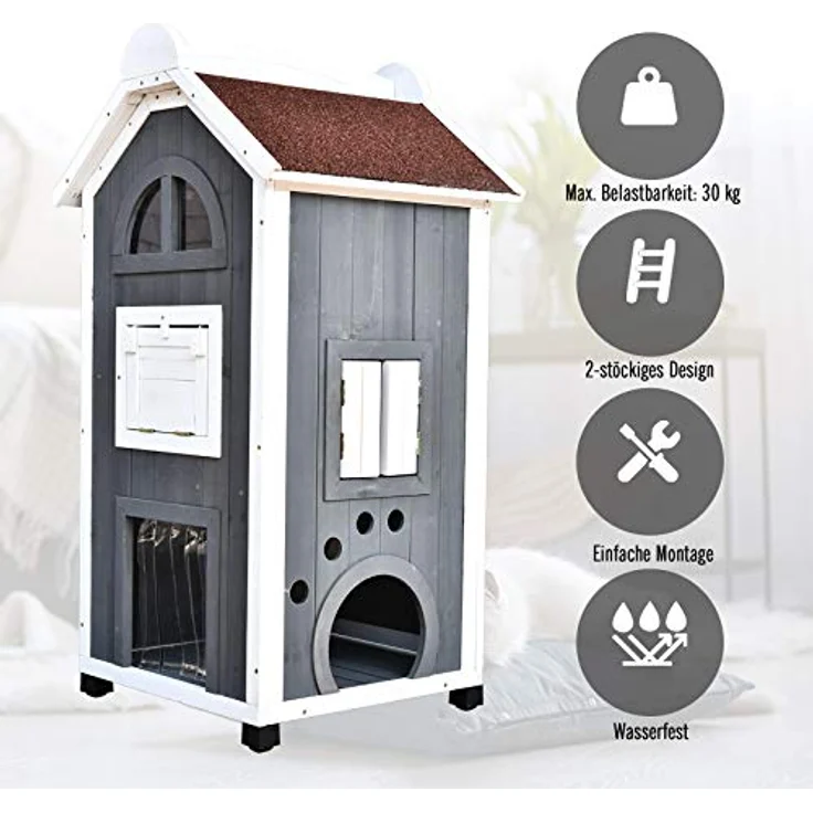PawHut 2-stöckiges Katzenhaus für Draußen aus Tannenholz, wetterfest mit Asphaltdach, Blau, 59 x 55 x 109 cm, für bis zu 30 kg belastbar, mit Balkon und Hängematte – Bild 4