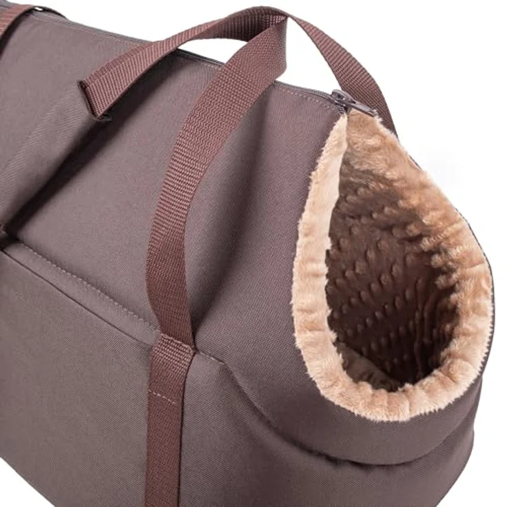 BOUTIQUE ZOO Hundetasche, Welpentasche Braun Beige/Minky, Tragetasche für kleine und mittlere Hunde und Katzen bis 5 kg, mit Reißverschluss und abnehmbarem Kissen – Bild 5