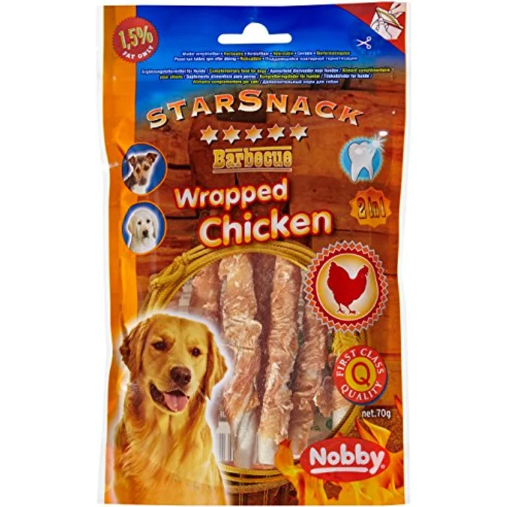 Nobby StarSnack Barbecue "WRAPPED CHICKEN", Hundesnack mit 32% Hähnchen, 64,5% Rinderhaut, 0,5% Fettgehalt, 2er Pack (2 x 70 g) – Bild 1