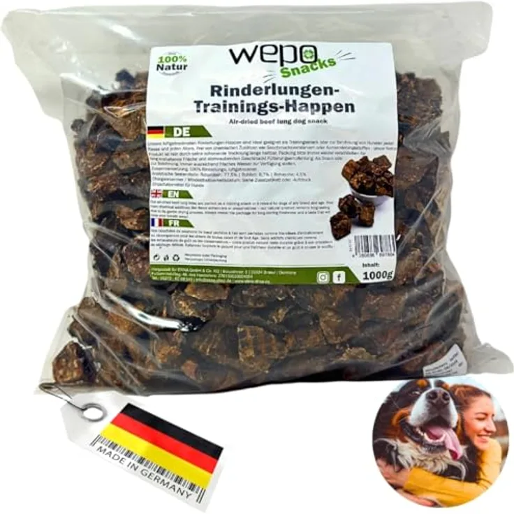 WEPO Hunde Leckerlis Rinderlunge getrocknet, 1kg - Gesunde Trainingssnacks, Premium Kausnack, 100% natürlich & glutenfrei, Made in DE