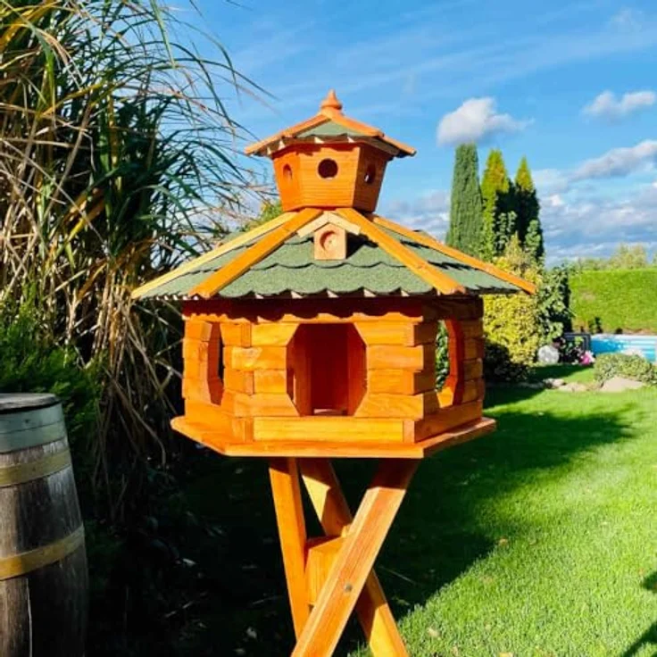 DARLUX handgefertigtes Sechseck Vogelhaus aus Holz, wetterfest, Größe XXL mit Ständer, Grün - Braun, inkl. Futterspender und Schornsteindeckel – Bild 4