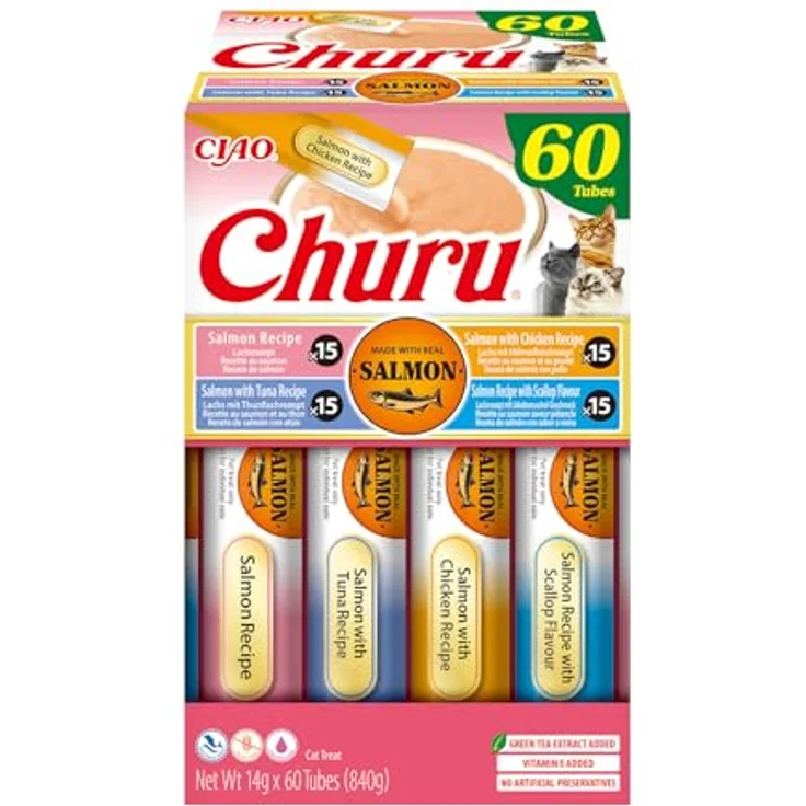 INABA Churu Salmon, Katzensnacks zum Füttern aus der Hand, Variety Pack mit Lachs, Thunfisch, Huhn und Jakobsmuschel, 60 x 14 g, Hochwertige Zutaten, Hoher Feuchtigkeitsgehalt – Bild 2