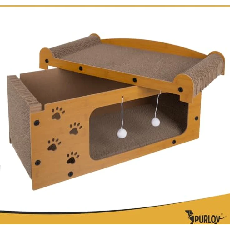 Purlov Katzen Kratzhaus 3-in-1, mit 2 Ebenen, HDF & extra fester Wellpappe, Liegeplatz + Kratzfläche + Spiel, stabil & rutschfest, für 1–2 Katzen, inkl. Bälle, 29,5×56×27 cm, Eco Design – Bild 4