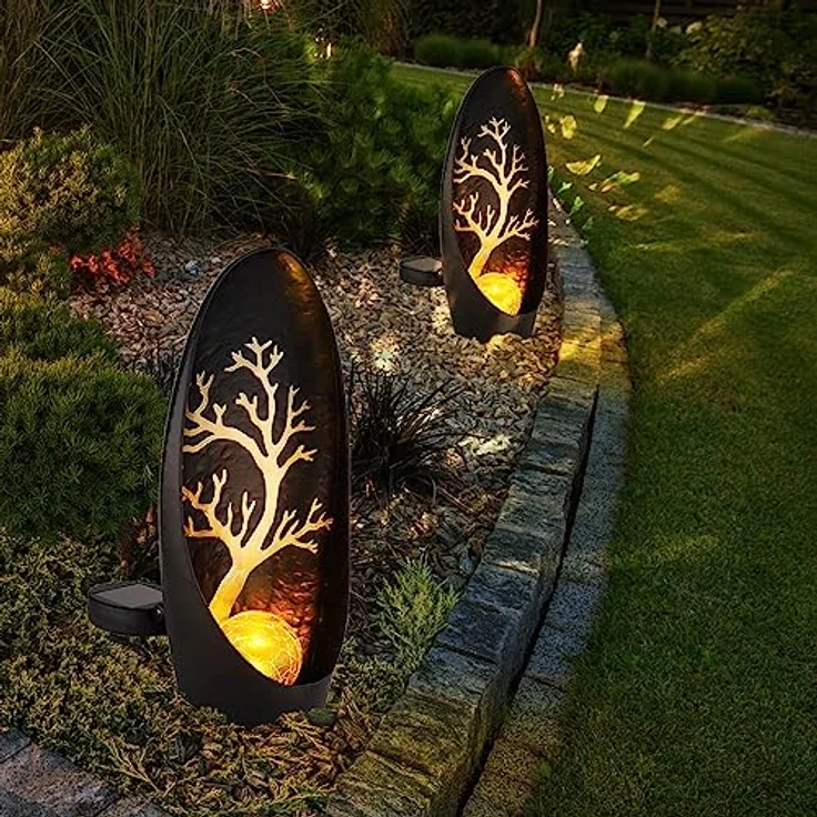 GLOBO Gartendeko Solarlampen, 2er Set schwarz/silber, IP44, Metall, 1x LED, LxBxH 14x7x30cm, Leuchtdauer 6-8 Stunden – Bild 2