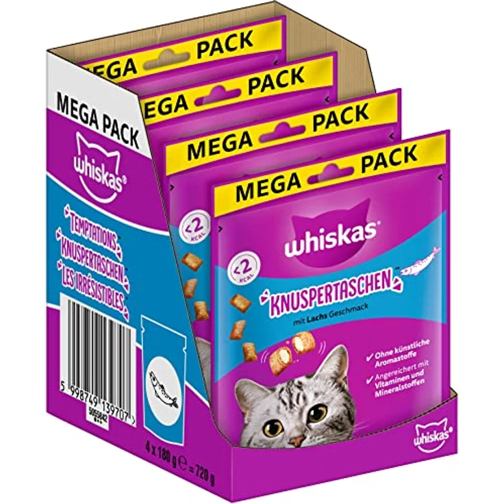 Whiskas Knuspertaschen Katzensnacks mit Lachsgeschmack, 4x180g, angereichert mit Vitaminen und Mineralstoffen, ohne künstliche Aromastoffe – Bild 1