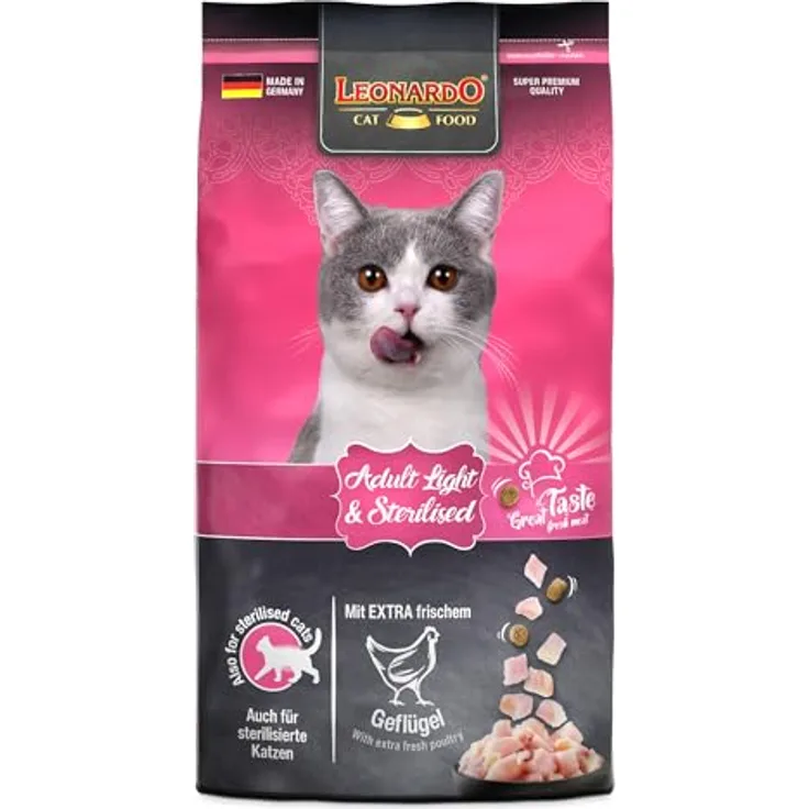 LEONARDO Adult Light & Sterilised, kalorienreduziertes Katzen-Trockenfutter mit 30% frischem Geflügel, 1,8kg, Made in Germany