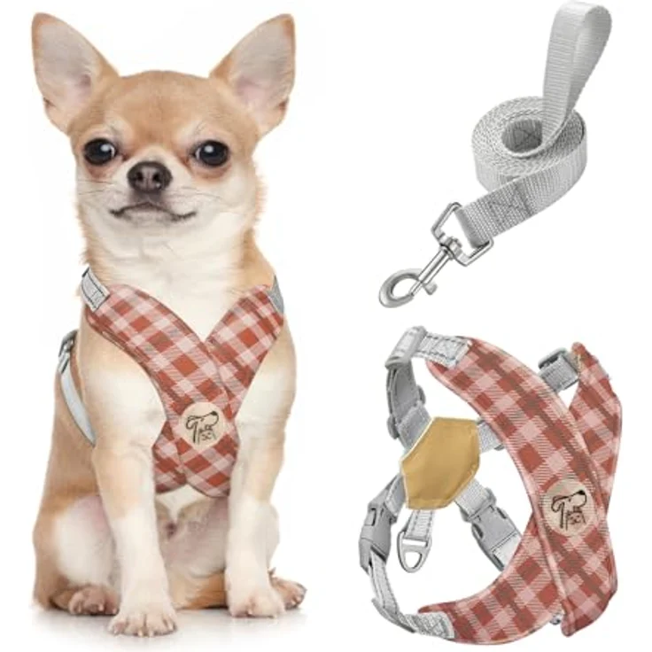 Pawaboo Hundegeschirr mit Leine Set, X-Rahmen Verstellbar, Anti-Zug und Anti-Erstickung für Kleine und Mittelgroße Hunde, S, Khaki Kariert – Bild 1