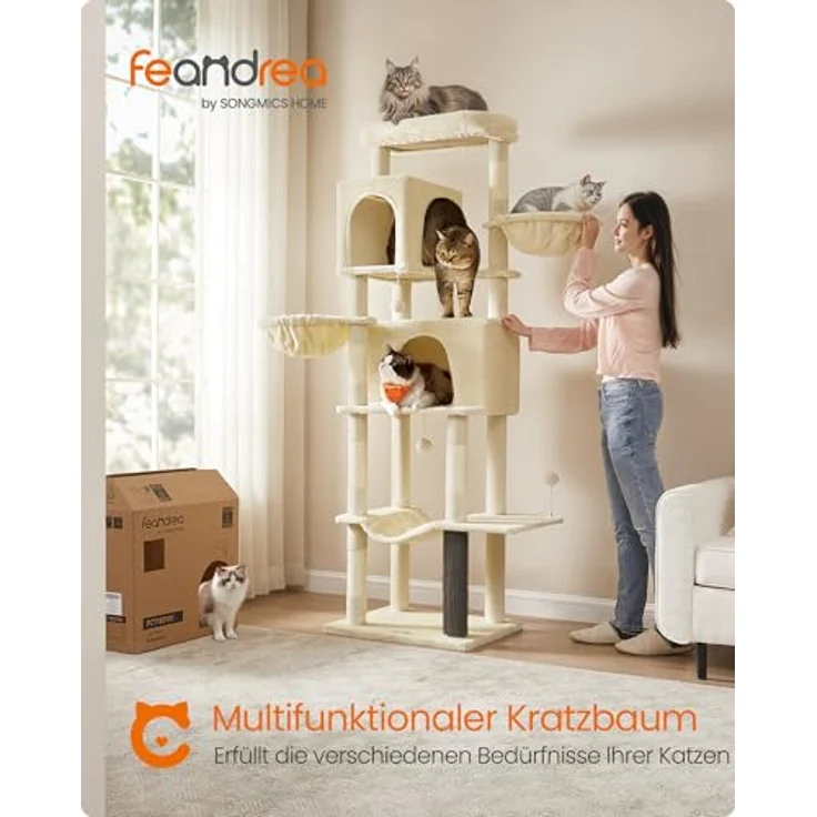 Feandrea Kratzbaum groß, 190,7 cm hoch, XXL, mehrstöckiger Katzenbaum mit 2 Höhlen, 2 Liegemulden, 5 Kratzsäulen, Katzenbürste, große Plattform, sandbeige – Bild 3