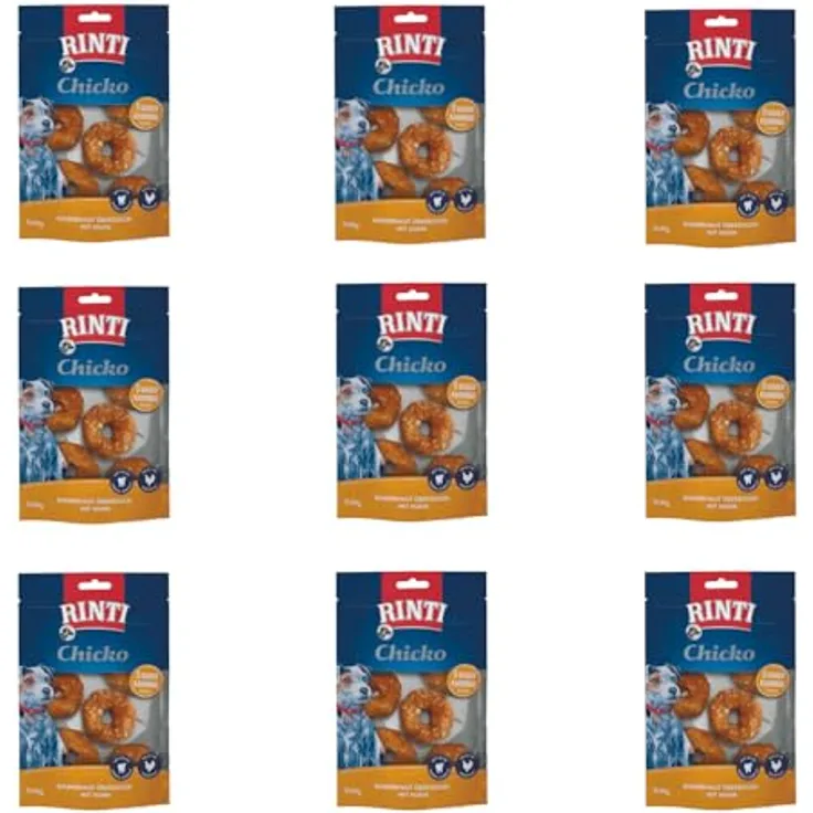 Rinti Chicko Kauringe klein, 9er Pack aus bissfester Rinderhaut mit Hühnerfleisch überzogen, für saubere Zähne, wiederverschließbar