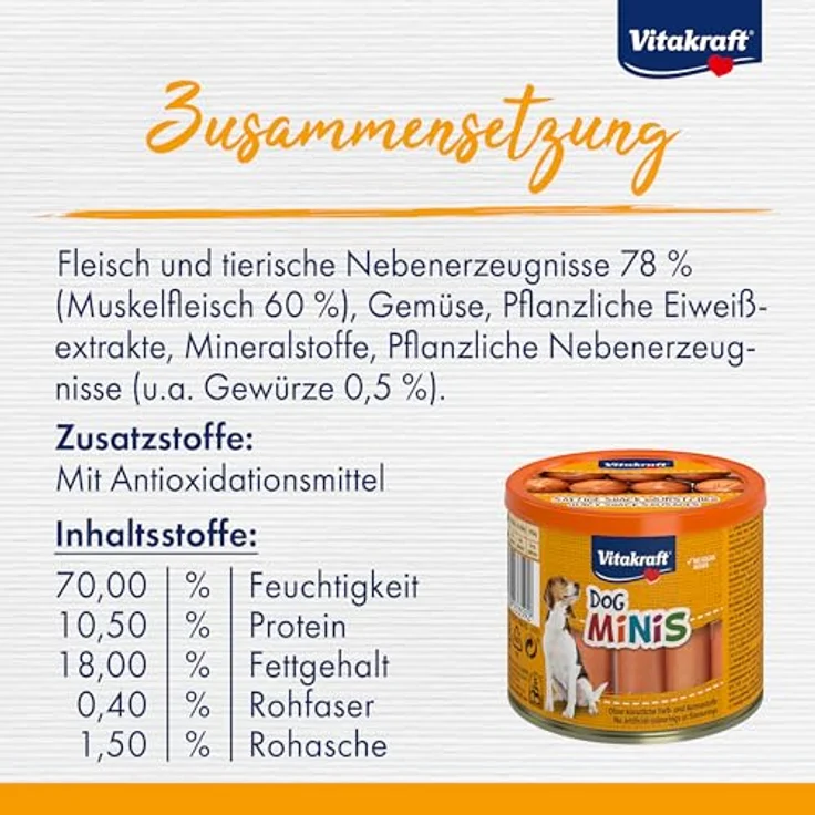 Vitakraft Dog Minis, Mini Würstchen aus Geflügel, gewürzreduziert, ohne Zucker, in wiederverschließbarer Dose, 120g – Bild 4