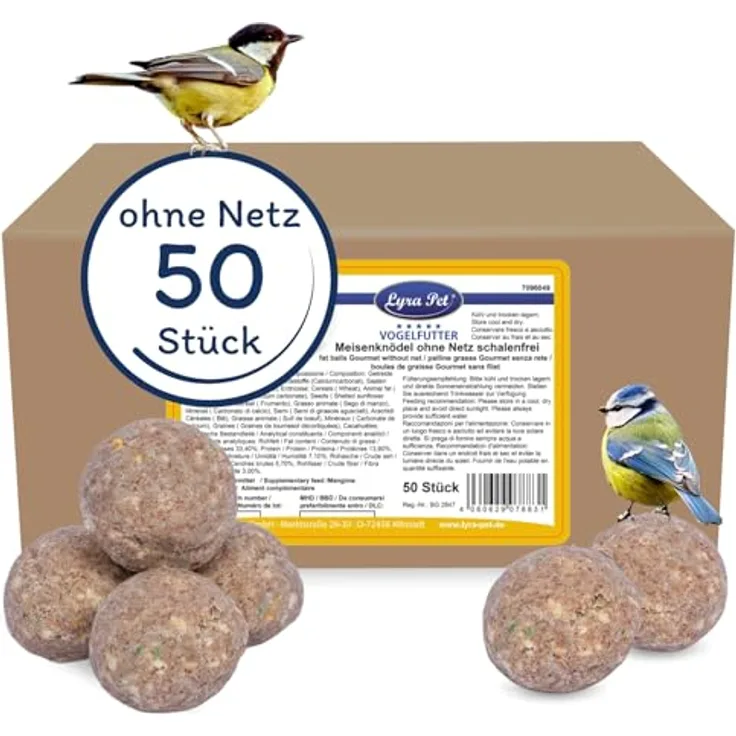 Lyra Pet® Gourmet Meisenknödel schalenfrei, 50 Stück à 80 g, ohne Netz, energiespendend für Wildvögel, fetthaltiges Futter ganzjährig