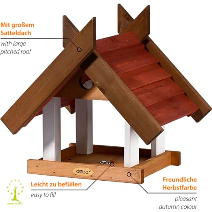 dobar® Großes Vogelhaus Herbstfrüchte, Futterstation für Wildvögel mit großem Futtertablett, 36 x 28,5 x 33,5 cm, Braun/Rot/Weiß – Bild 3