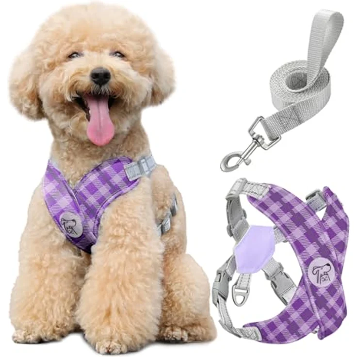 Pawaboo Hundegeschirr mit Leine Set, X-Rahmen in M, verstellbar, anti Zug & anti Erstickung für kleine und mittelgroße Hunde, Violett Kariert – Bild 1