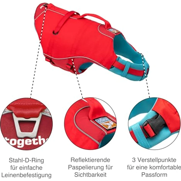 Kurgo Surf N Turf Hundeschwimmweste, Reißfestes Material, Reflektoren, 2 Griffe, Größe S, Rot – Bild 3