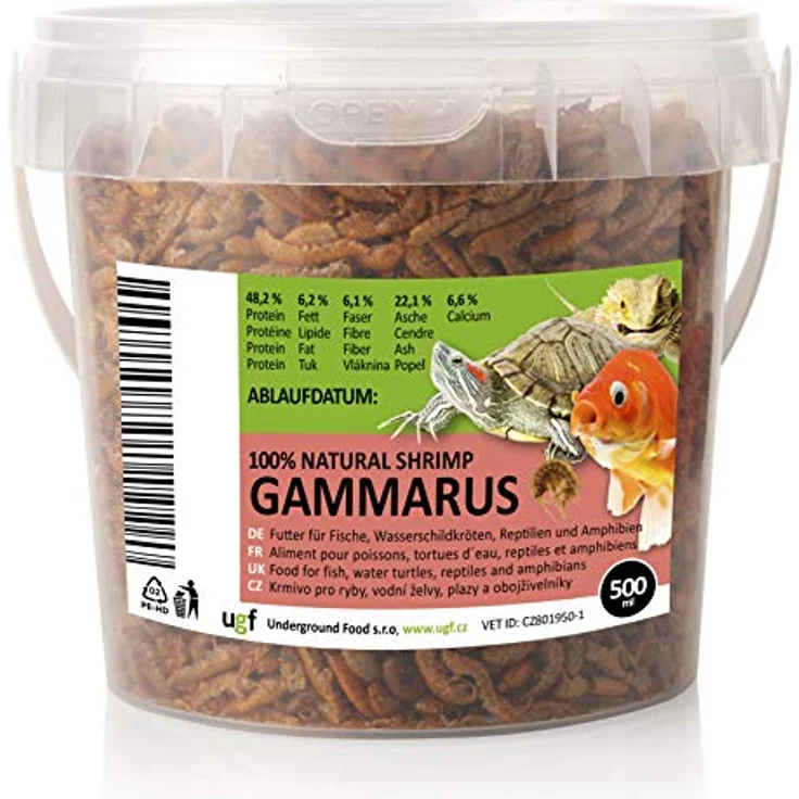 UGF Premium Gammarus Bachflohkrebse Getrocknet, 50g im 500ml Eimer, hochwertiges Futter für Schildkröten, Fische, Axolotl, Hamster, Igel, Koi und Ratten, 48% Protein, 100% natürlich – Bild 1