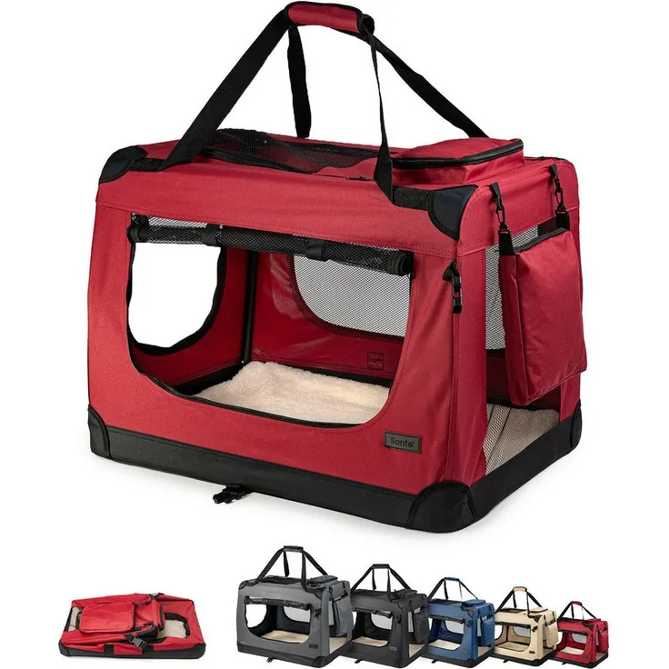 lionto Tiertransportbox für Katzen, leicht und komfortabel mit Mesh-Einsätzen, bis 10 kg, 50x36x34 cm, dunkelrot