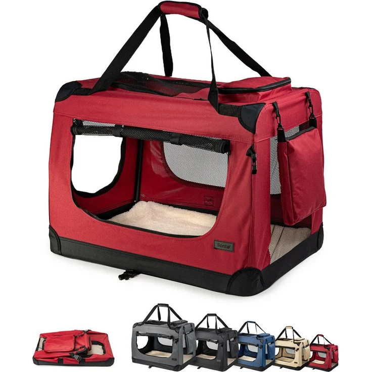 lionto Tiertransportbox für Katzen, leicht und komfortabel mit Mesh-Einsätzen, bis 10 kg, 50x36x34 cm, dunkelrot