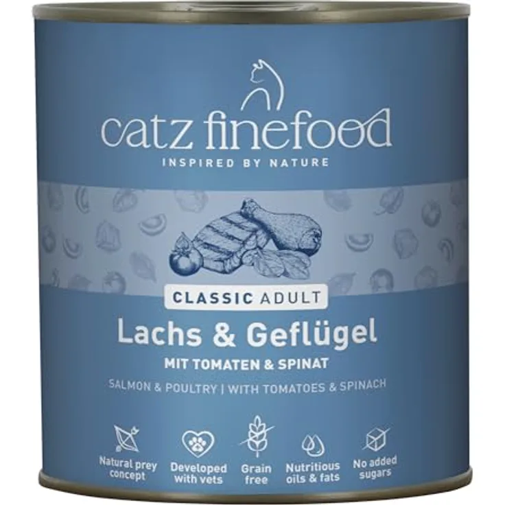 catz finefood N° 5 Lachs & Geflügel Feinkost Katzenfutter nass, 36% Lachs & 35% Geflügel, verfeinert mit Spinat & Tomate, 6 x 800g Dosen