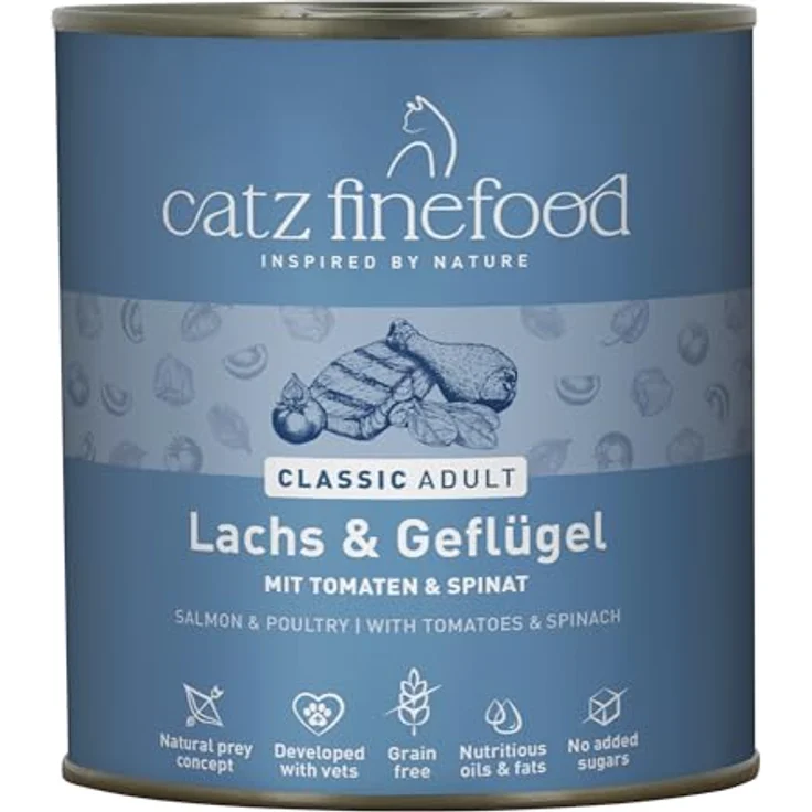 catz finefood N° 5 Lachs & Geflügel Feinkost Katzenfutter nass, 36% Lachs & 35% Geflügel, verfeinert mit Spinat & Tomate, 6 x 800g Dosen – Bild 1