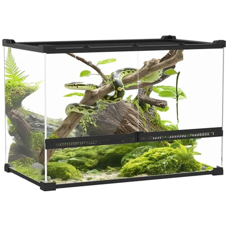 PawHut Terrarium für Reptilien, Glasterrarium 48L mit Frontbelüftung und ausbruchsicherem Drehverschluss, Reptilienzuchtbox für Amphibien und Spinnen, Schwarz 50 x 30 x 35 cm
