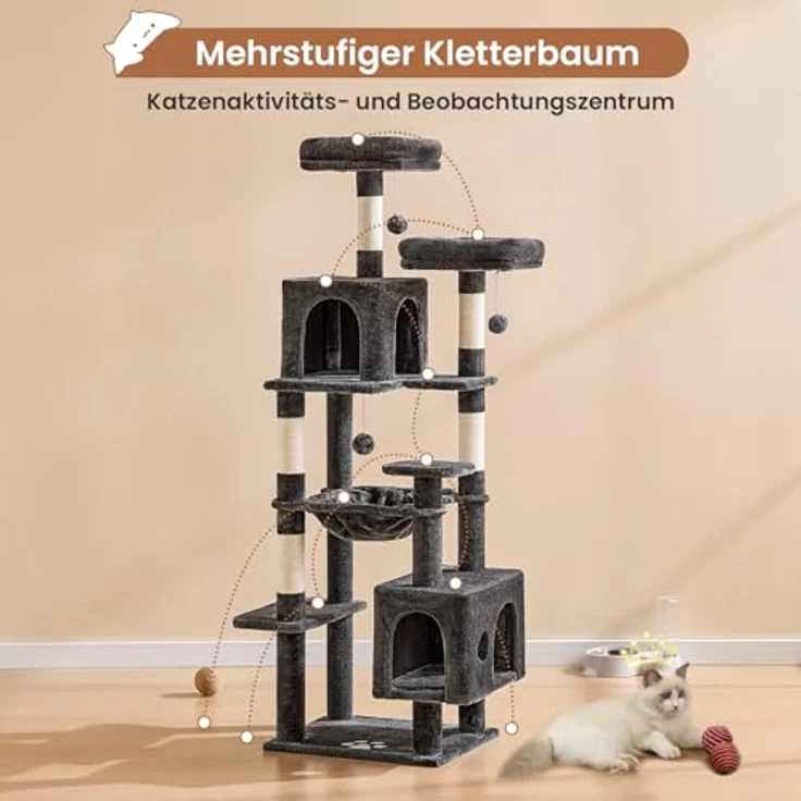 MSmask Kratzbaum groß, L Katzenbaum Stabil, Katzenkratzbaum mit 2 Plattformen, 2 Katzenhöhlen, Hängematte, Sisalsäulen, mehrstöckiger Kletterbaum für Katzen (Dunkelgrau, 160 cm) – Bild 8