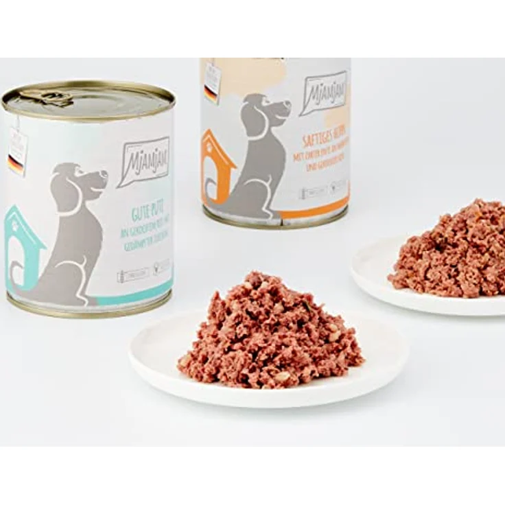 MjAMjAM Premium Nassfutter für Hunde - Mixpaket II mit Huhn & Ente, Rind, Pute, Kalb, Truthahn, Lamm, 6er Pack (6 x 800 g), naturbelassen mit hohem Fleischanteil, glutenfrei – Bild 4
