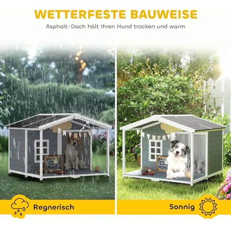 PawHut Hundehütte Wetterfestes Hundehaus aus Holz, Erhöhte Hundehöhle mit Aufklappbarem Asphaltdach, Terrasse und Fenster, für mittelgroße Hunde bis 20 kg, Grau, 103 x 107 x 83,5 cm – Bild 3