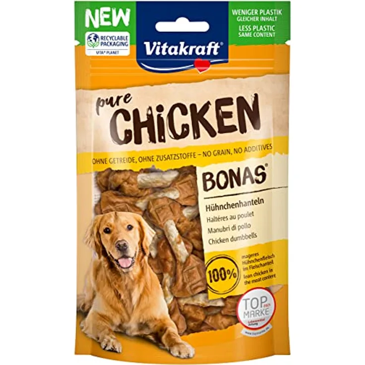 Vitakraft fleischiger Hundesnack Chicken Hühnchenhanteln, proteinreich und ohne Zusatzstoffe, 80g