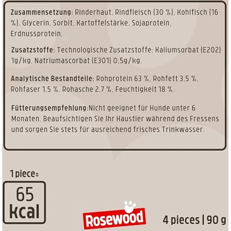 Rosewood Steak Sticks Rind & Seelachs, Kausnack aus Rinderhaut für Hunde, unterstützt die Zahnpflege, ohne Getreide, 4 Stück, 90 g – Bild 5