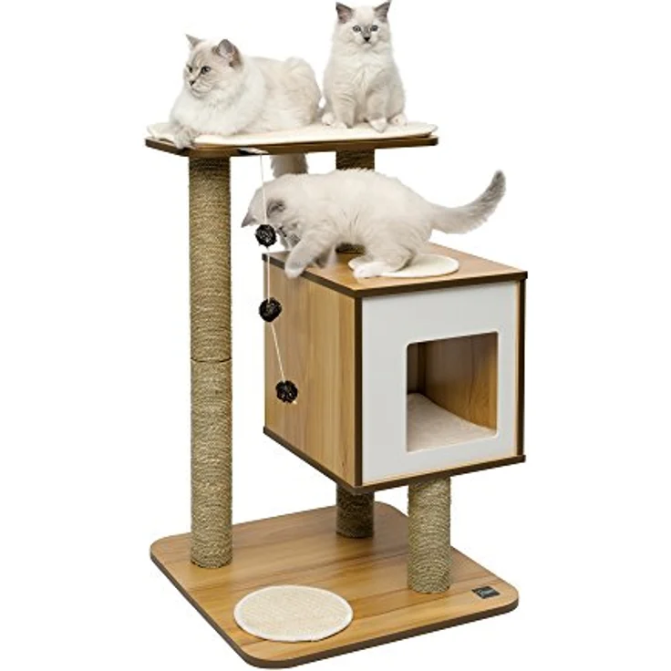 Hagen VP Katzenmöbel V-Base, Kratzbaum in Walnuss mit Kubus-Höhle und Memo-Foam-Kissen, 2 Ebenen – Bild 1