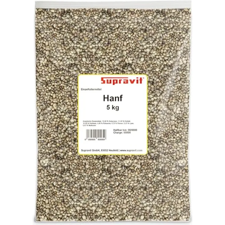 Supravit Hanf 5kg, Hanfsamen Vogelfutter für Wildvögel, energiereiche Ergänzung mit Omega-3-Fettsäuren, ganzjahrstauglich