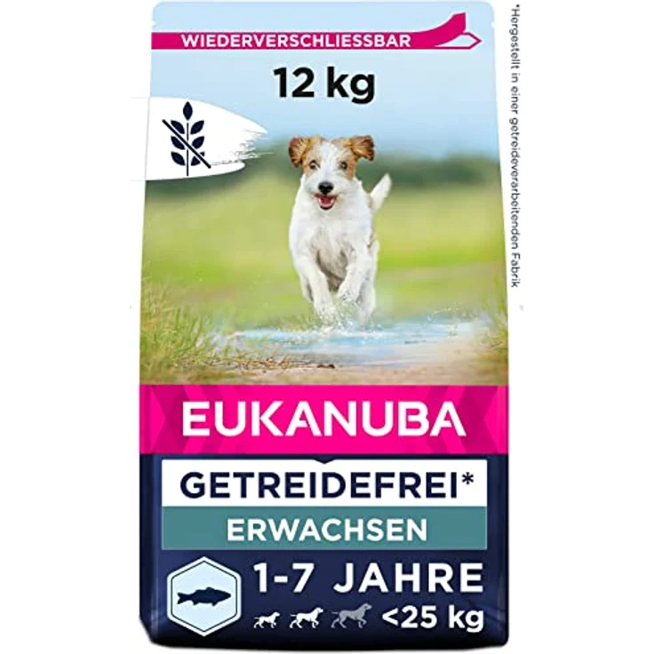 Eukanuba Hundefutter getreidefrei mit Fisch für kleine und mittelgroße Rassen, Trockenfutter für ausgewachsene Hunde, 12 kg - proteinreich mit Lachs, glutenfreie Süßkartoffeln, DentaDefense Zahnpflegesystem – Bild 1