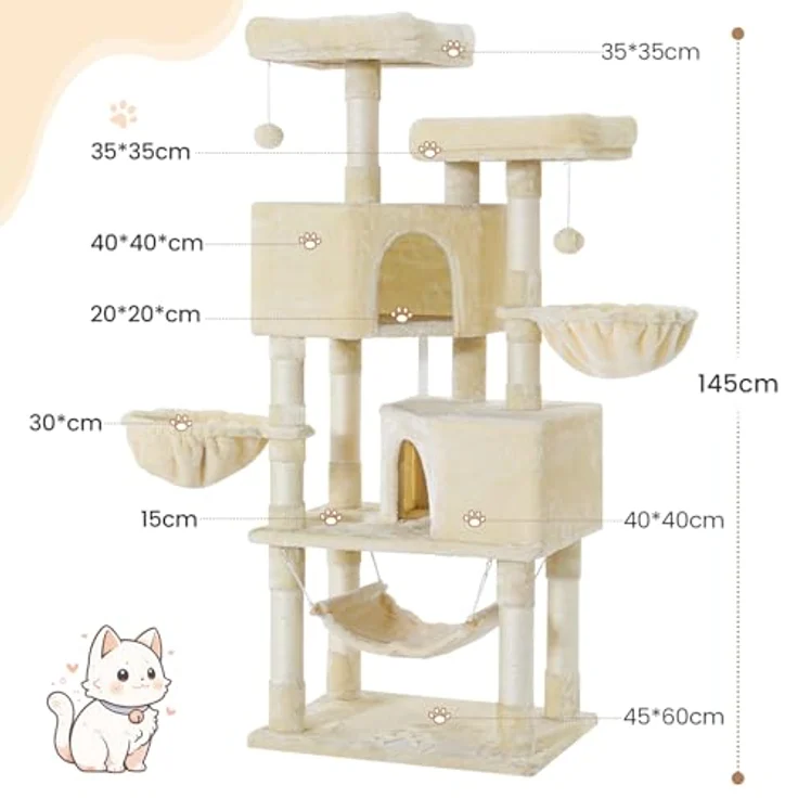 MSmask Stabiler Kratzbaum, großer Katzenbaum mit 2 Plattformen und großer Höhle, Sisalstämme, beige – Bild 5