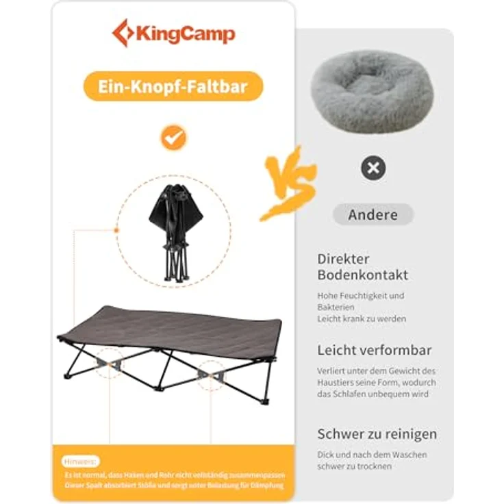 KingCamp Erhöhtes Hundebett, Outdoor-Hundeliege mit atmungsaktivem Mesh, Wildledermatte und rutschfesten Füßen, 132 x 68 x 29 cm, Schwarz – Bild 4