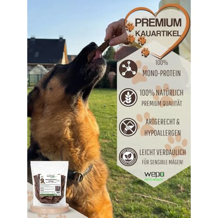 WEPO Rinderdörrfleisch Hund, 1kg Pansen/Rinderschlund getrocknet, 8-12cm Kausnacks, 100% Rind, getreidefrei, perfekt für Zahnpflege und Kaubedürfnis – Bild 2