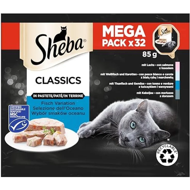 Sheba Classics in Pastete, Fisch Variation (MSC) mit Lachs, Weißfisch, Thunfisch und Kabeljau, 32 x 85g Katzennassfutter – Bild 2