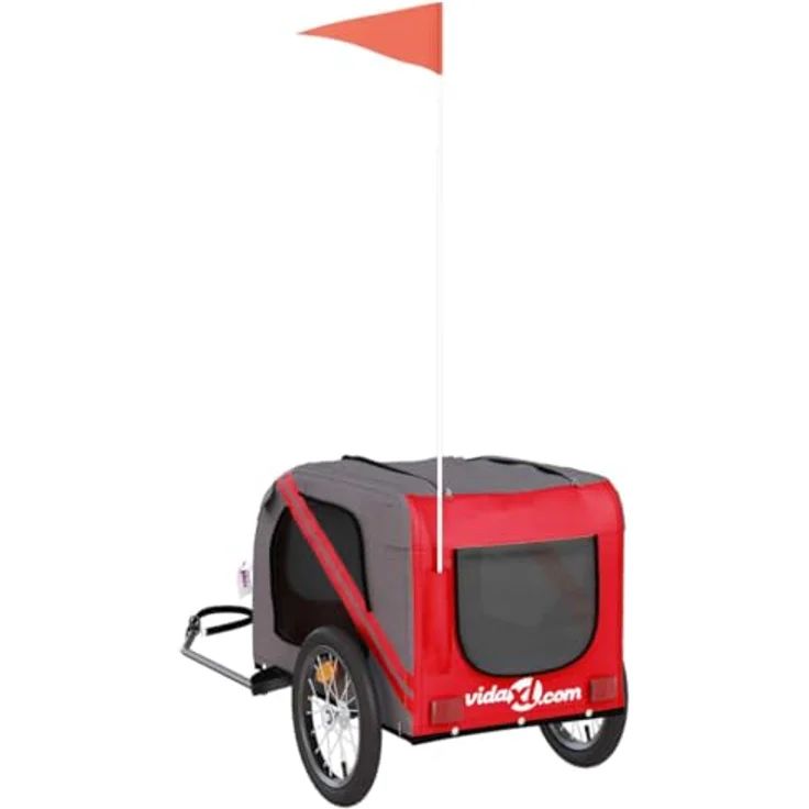vidaXL Hunde-Transportbox Fahrradanhänger Hunde Rot und Grau Oxford-Gewebe und Eisen, 45 kg Tragfähigkeit, PVC-Dach und reflektierende Elemente – Bild 8